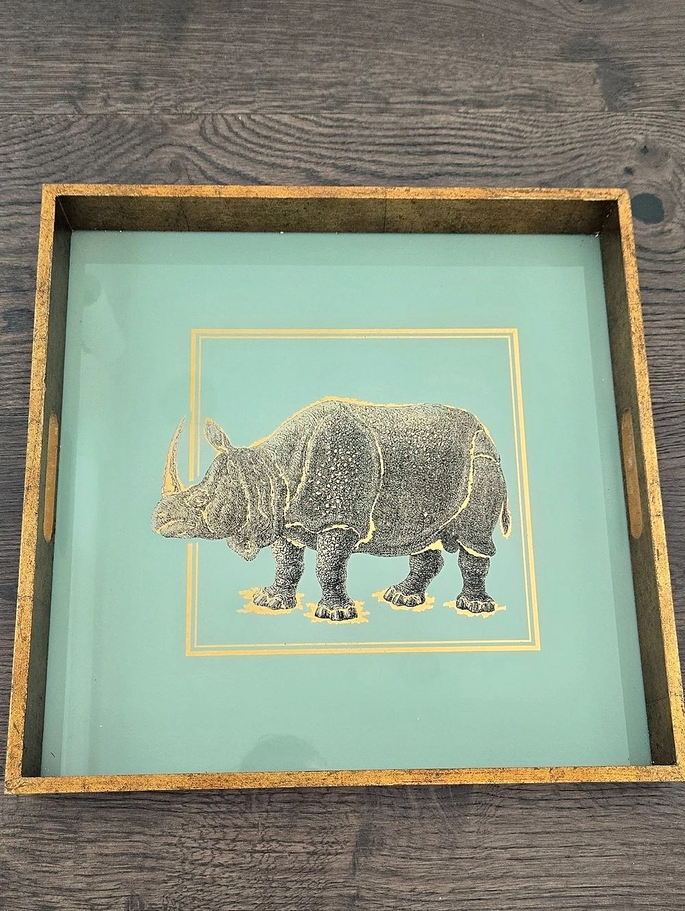 Rhino Decorative Glass Tray In Gold & Green